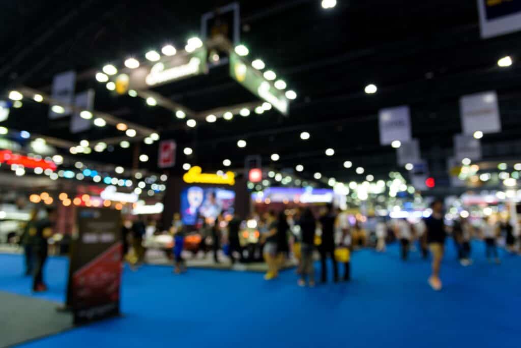Photo showing vendor display booths at a technology trade show