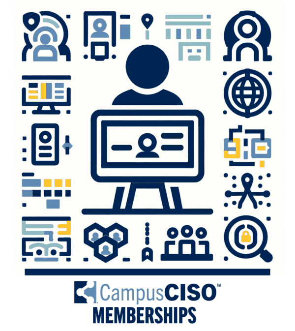 Abstract image of a person at computer using an online portal with graphs and research images. "CampusCISO Memberships" text banner underneath