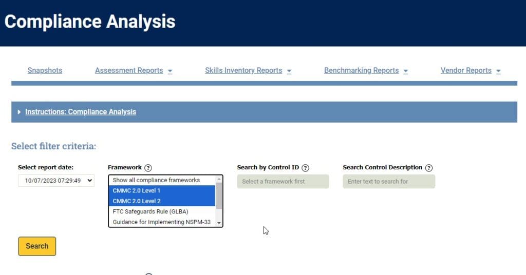 Screenshot - Compliance Analysis selection menu