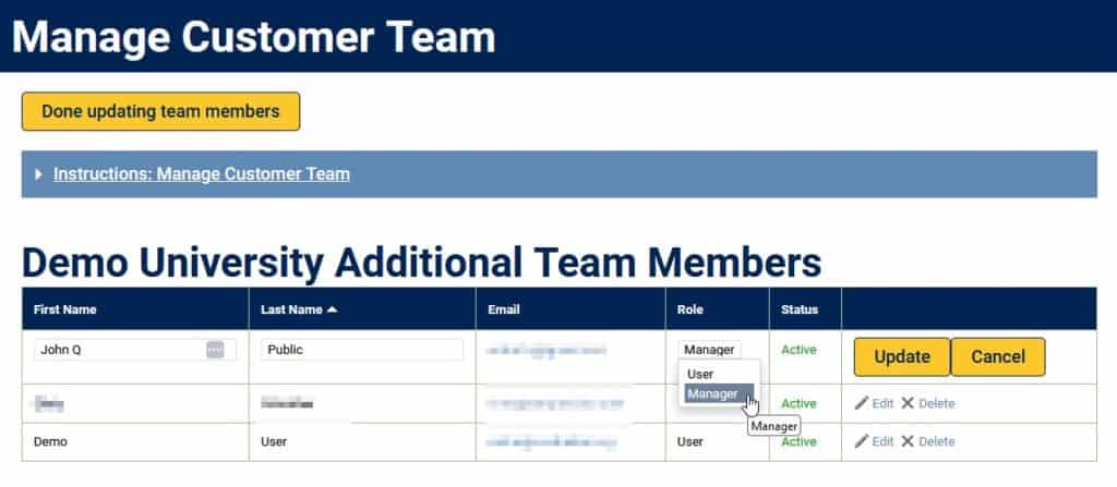 Screenshot - Manage Team - Edit existing accounts
