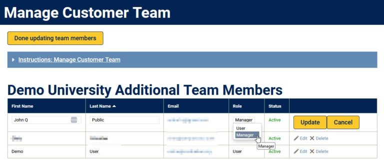 Screenshot - Manage Team - Edit existing accounts