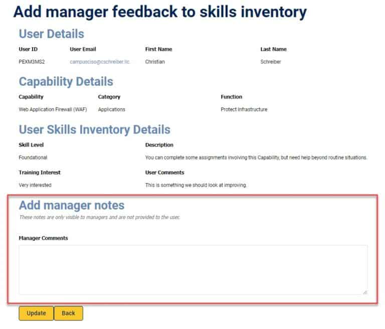 Screenshot - Skills Inventory Report - Manager Comments field