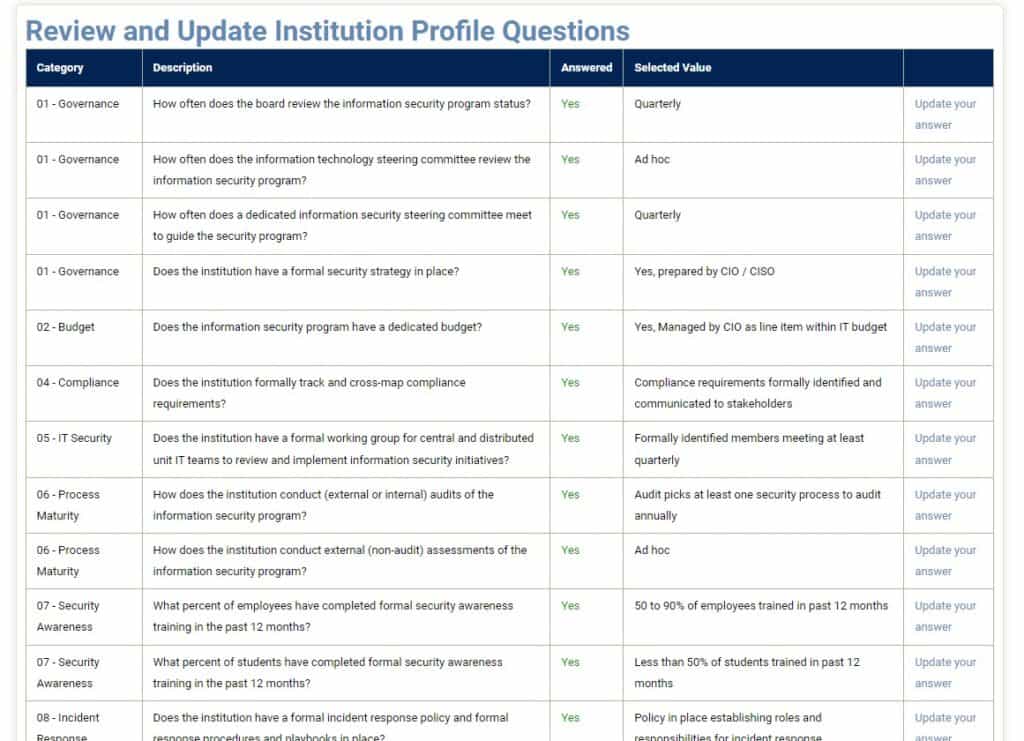 Screenshot - Update institution profile questions