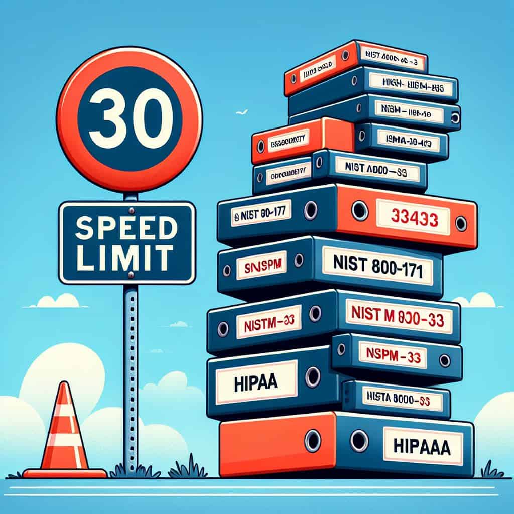 Abstract image comparing car speed limits to cybersecurity regulations. Shows a speed limit sign and a stack of binders with various regulation names (HIPAA, NIST 800-171, etc.)