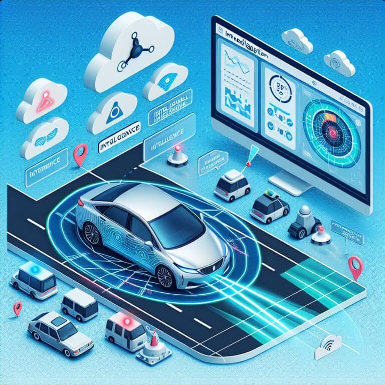 Abstract image showing a self driving car and image of a computer incident investigation on a computer monitor. Both are connecting to various data elements coming from clouds